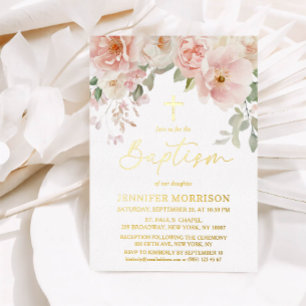 Elegant Blush Pink Floral Girl Baptism Gold