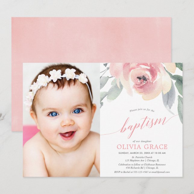Elegant blush pink floral girl baptism photo invitation (Front/Back)
