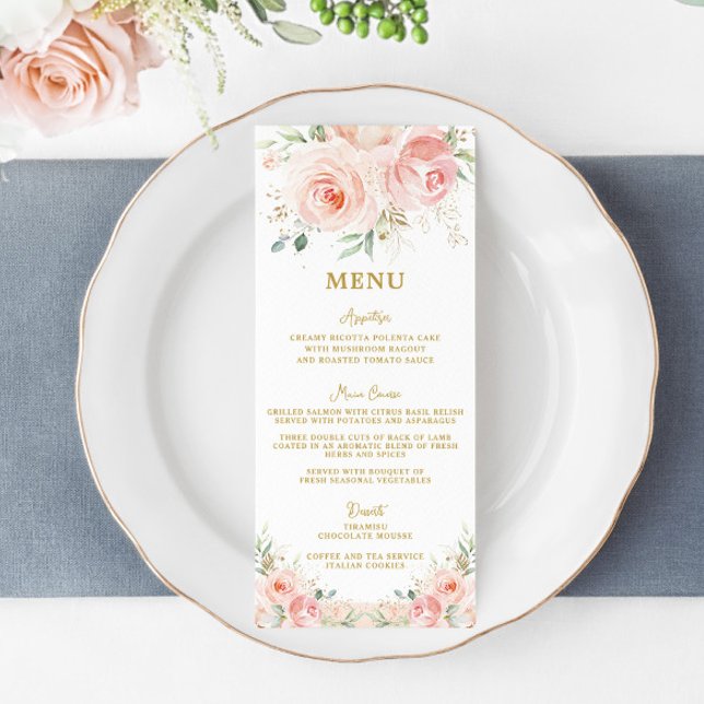 Elegant Blush Pink Floral Gold Bridal Shower Menu (Creator Uploaded)