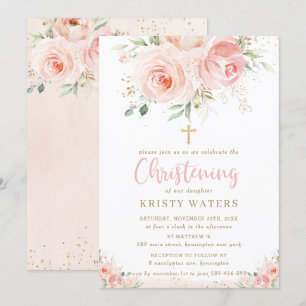Elegant Blush Pink Floral Gold Christening Invitation