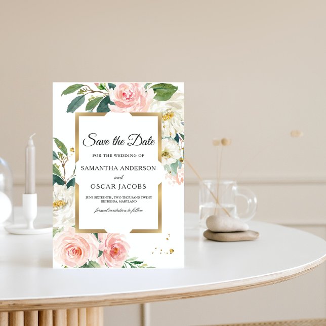 Elegant Blush Pink Floral Gold Frame & Drops Save The Date (Creator Uploaded)