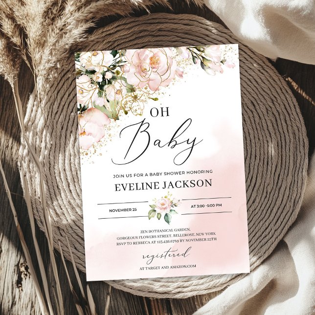 Elegant blush pink floral gold girl oh baby shower invitation (Elegant blush pink floral gold girl oh baby shower invitation)