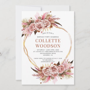 Elegant Blush Pink Floral Gold Glitter Birthday Invitation