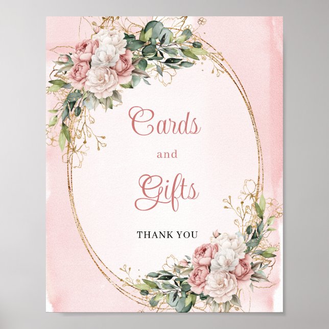 Elegant Blush Pink Floral Gold Glitter Cards Gifts Poster (Front)