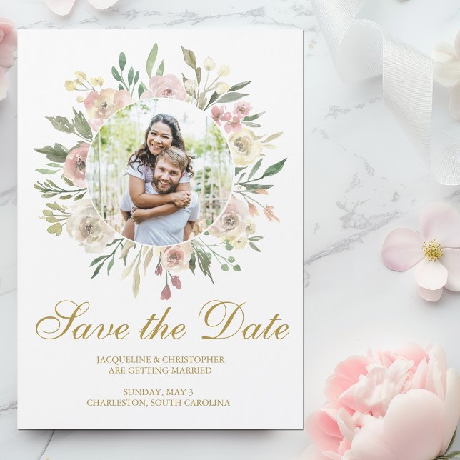 Elegant Blush Pink Floral Gold Photo Save the Date Magnetic Invitation (Creator Uploaded)
