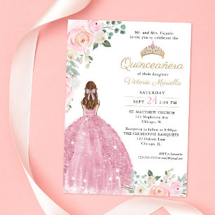Elegant blush pink floral gold Quinceañera 15th Invitation