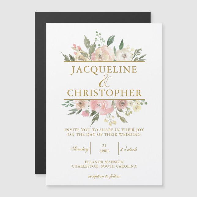 Elegant Blush Pink Floral Gold Script Wedding Magnetic Invitation (Front/Back)
