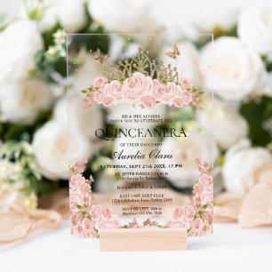 Elegant Blush Pink Floral Gold Tiara Quinceanera Acrylic Invitations