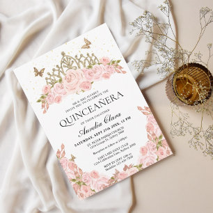 Elegant Blush Pink Floral Gold Tiara Quinceanera Invitation