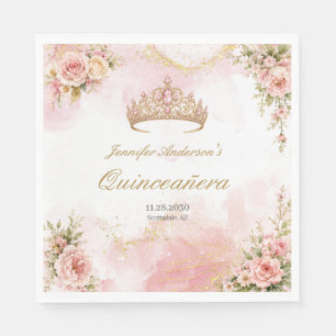 Elegant Blush Pink Floral Gold Tiara Quinceañera Napkin