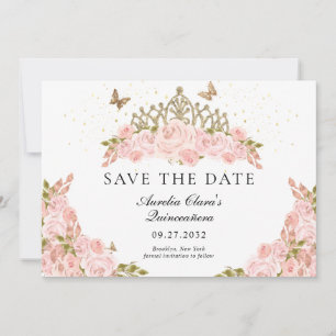 Elegant Blush Pink Floral Gold Tiara Quinceanera Save The Date