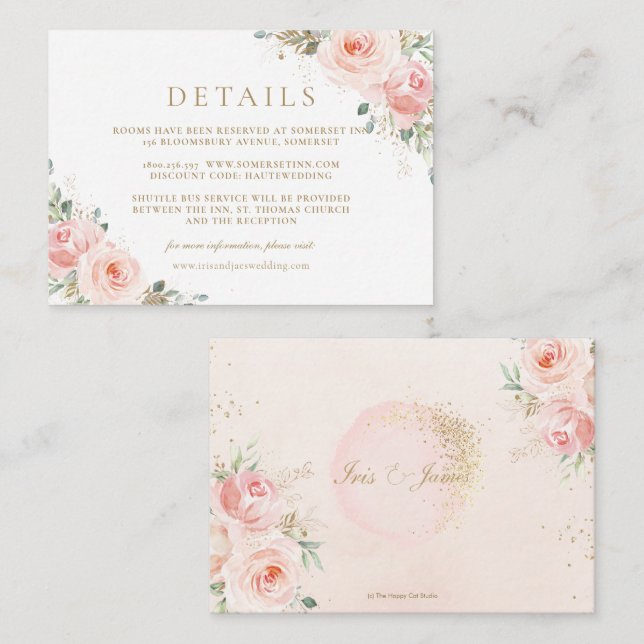 Elegant Blush Pink Floral Gold Wedding Details  Enclosure Card (Front/Back)