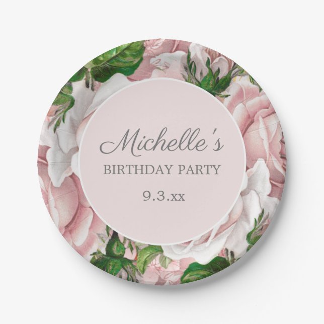 Elegant Blush Pink Floral Greenery Birthday Party Paper Plate (Front)