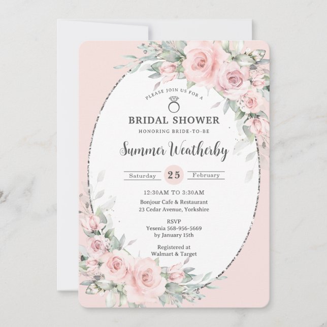 Elegant Blush Pink Floral Greenery Bridal Shower  Invitation (Front)