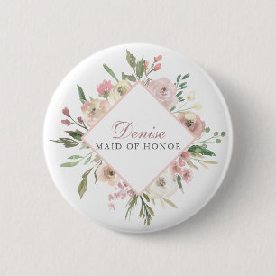 Elegant Blush Pink Floral Maid of Honour Name Tag 6 Cm Round Badge