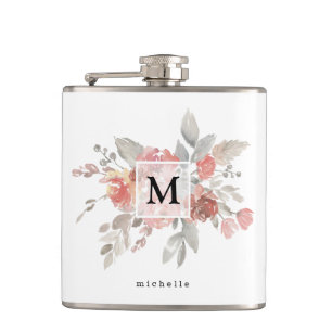 Elegant Blush Pink Floral Monogram Hip Flask