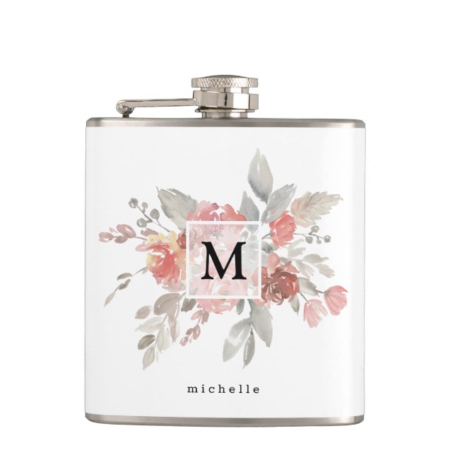 Elegant Blush Pink Floral Monogram Hip Flask (Front)