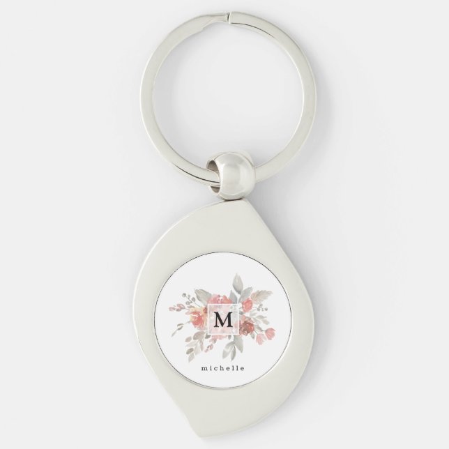 Elegant Blush Pink Floral Monogram Key Ring (Front)