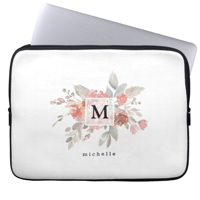Elegant Blush Pink Floral Monogram  Laptop Sleeve (Front)