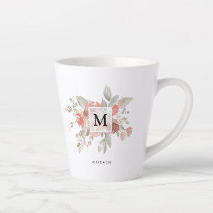 Elegant Blush Pink Floral Monogram Latte Mug