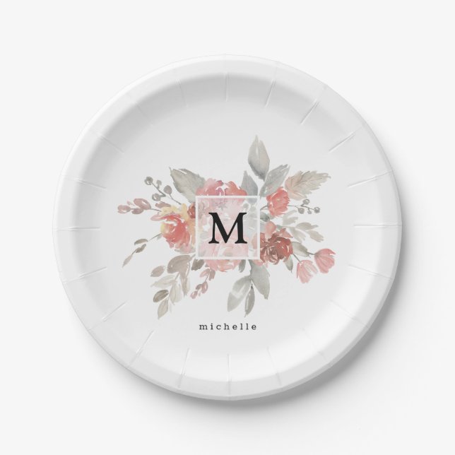 Elegant Blush Pink Floral Monogram Paper Plate (Front)