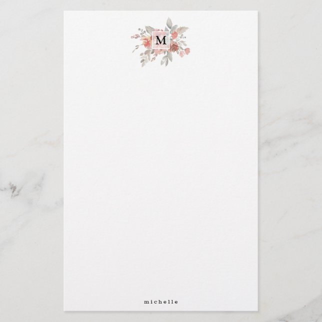 Elegant Blush Pink Floral Monogram Stationery (Front)