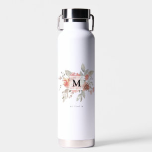Elegant Blush Pink Floral Monogram Water Bottle