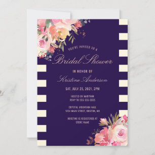 Elegant Blush Pink Floral Navy Blue Stripes Invitation