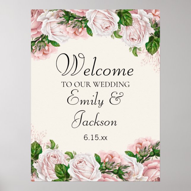 Elegant Blush Pink Floral on Cream Wedding Poster (Front)