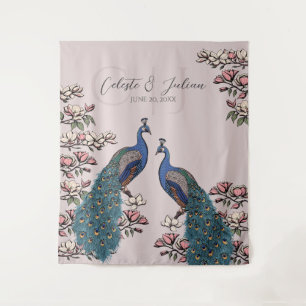Elegant Blush Pink Floral Peacock Wedding Backdrop Tapestry
