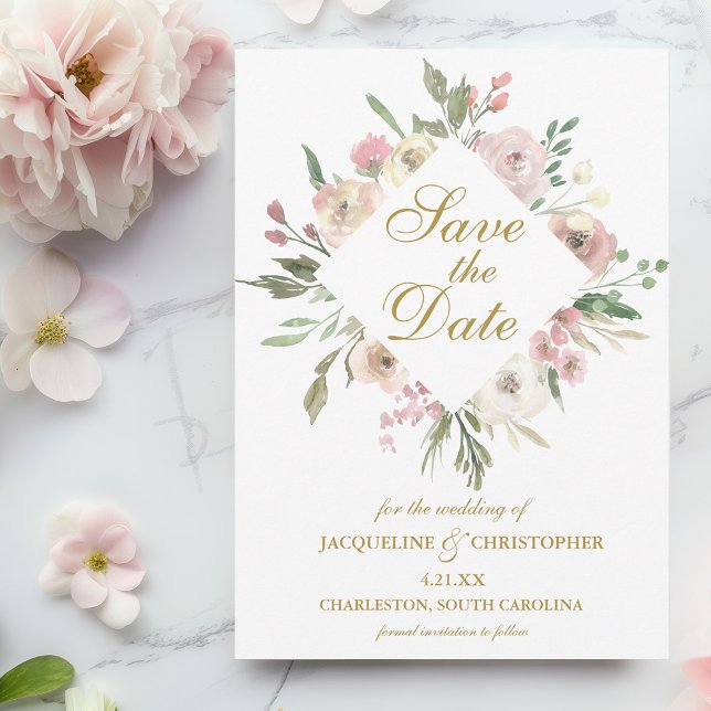 Elegant Blush Pink Floral Peony Gold Script Save The Date (Creator Uploaded)