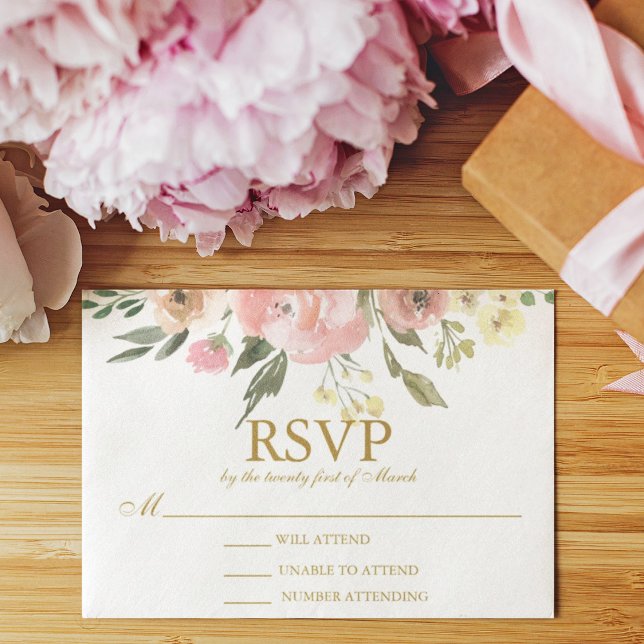 Elegant Blush Pink Floral Peony Gold Wedding RSVP Card (Creator Uploaded)