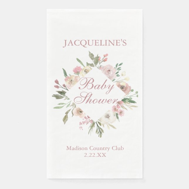 Elegant Blush Pink Floral Personalised Baby Shower Napkin (Front)