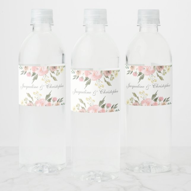 Elegant Blush Pink Floral Personalised Wedding Water Bottle Label (Bottles)