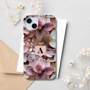 Elegant Blush Pink Floral Petals Monogram Chic iPhone 15 Mini Case