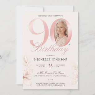 Elegant Blush Pink Floral Photo 90th Birthday Invitation