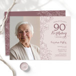 Elegant Blush Pink Floral Photo 90th Birthday Invitation<br><div class="desc">Elegant muted blush pink and mauve floral 90th birthday party invitation with your photo on the front of the card. Minimalist modern design featuring botanical outline drawings accents and typography script font. Simple trendy invite card perfect for a stylish female bday celebration. Can be customised to any age. Printed Zazzle...</div>