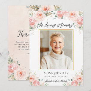 Elegant Blush Pink Floral Photo Funeral Memorial Thank You Card