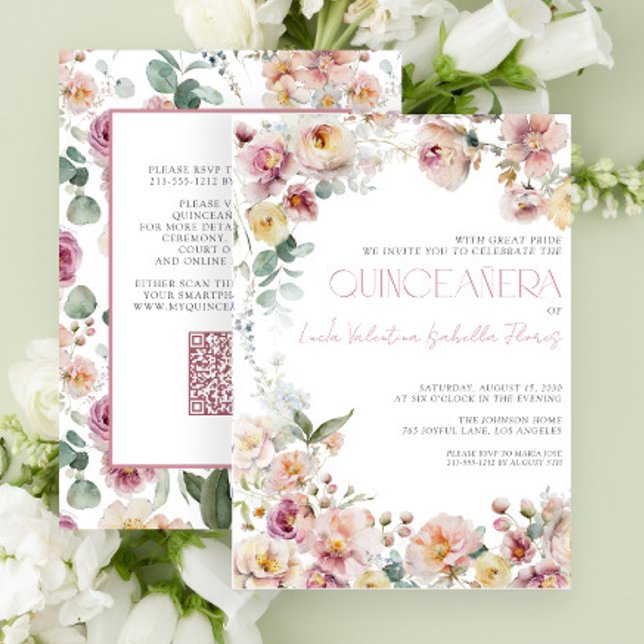 Elegant Blush Pink Floral QR Quinceañera  Invitation (Creator Uploaded)
