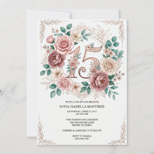Elegant Blush Pink Floral Quinceañera 15th Invitation