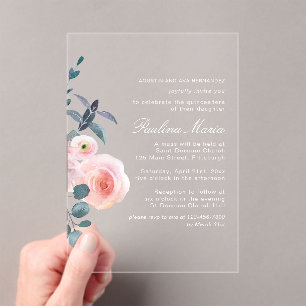 Elegant Blush Pink Floral Quinceañera Acrylic Invitations
