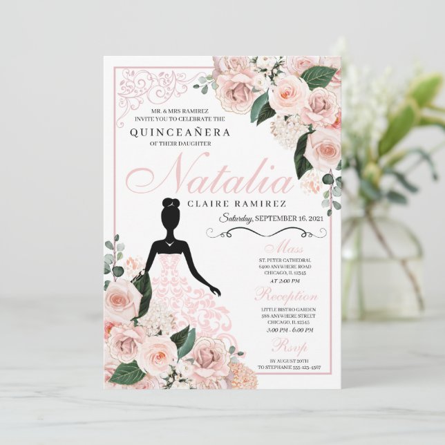 Elegant Blush Pink Floral Quinceanera Birthday Invitation (Standing Front)