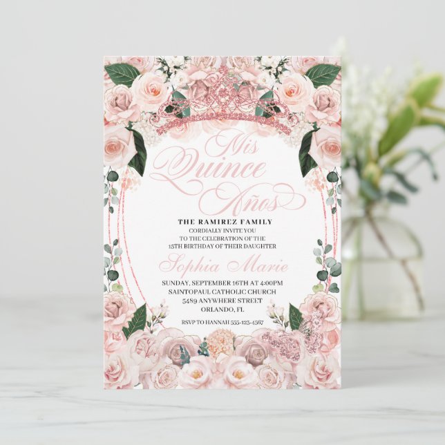 Elegant Blush Pink Floral Quinceanera Birthday Invitation (Standing Front)