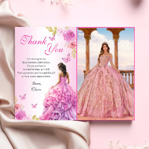 Elegant Blush Pink Floral Quinceañera Birthday Thank You Card
