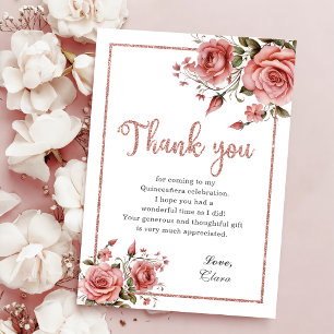 Elegant Blush Pink Floral Quinceañera Birthday Thank You Card