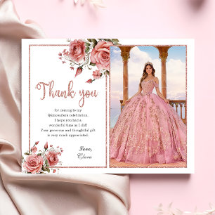 Elegant Blush Pink Floral Quinceañera Birthday Thank You Card