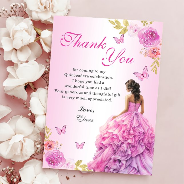 Elegant Blush Pink Floral Quinceañera Birthday Thank You Card (Creator Uploaded)