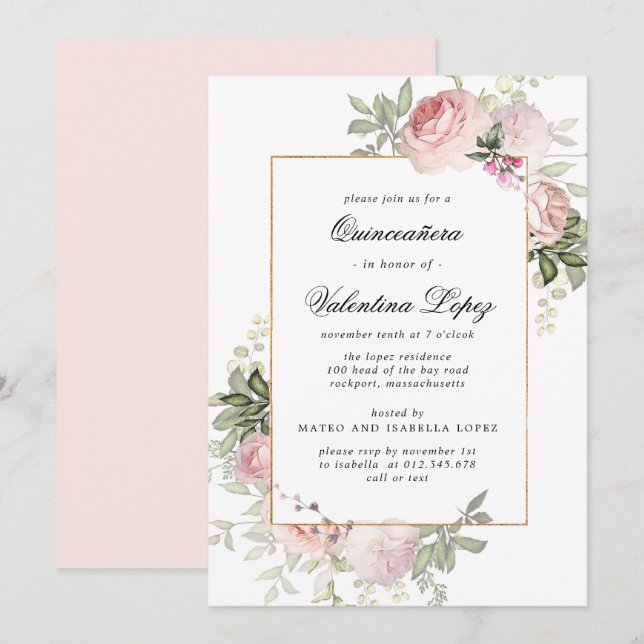 Elegant Blush Pink Floral Quinceanera Invitation (Front/Back)