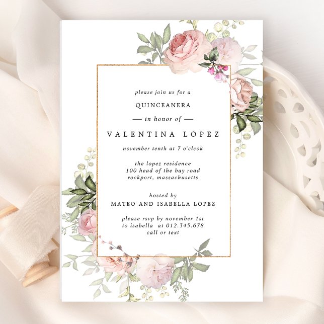 Elegant Blush Pink Floral Quinceanera Invitation (Creator Uploaded)