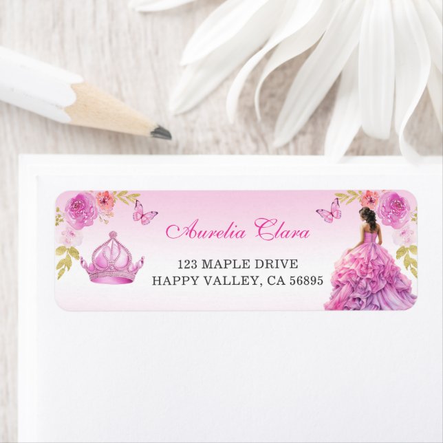 Elegant Blush Pink Floral Quinceañera Return Address Label (Insitu)